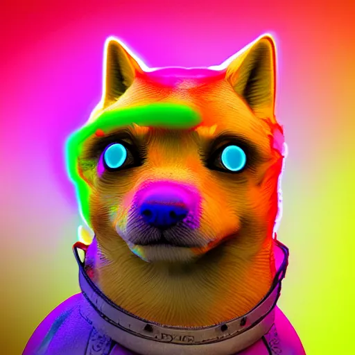 Image similar to doge, lsd, colorful, realistic, 8k, volumetric lighting, detailed,