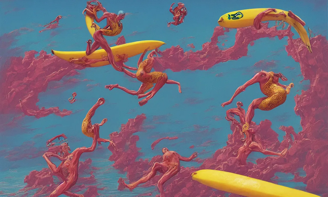 Image similar to a surfing banana, body horror, by gerard brom, zdzisław beksinski and lisa frank