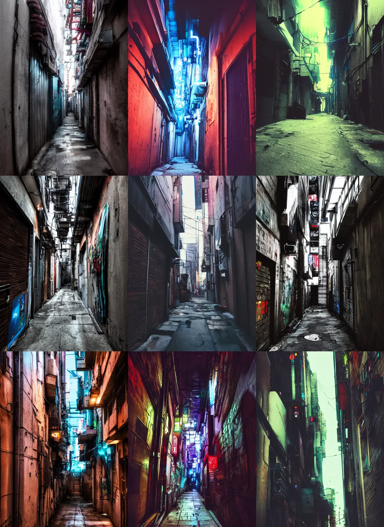 Prompt: low angle photograph cyberpunk alley, 4 k