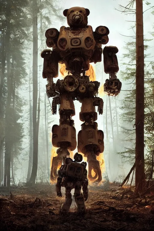 Prompt: giant mech teddybear robot walking through burning forest, dystopian, sci-fi, extremely detailed, digital painting, sculpted in zbrush, artstation, smooth, sharp focus, illustration, chiaroscuro lighting, golden ratio, incredible art, artgerm