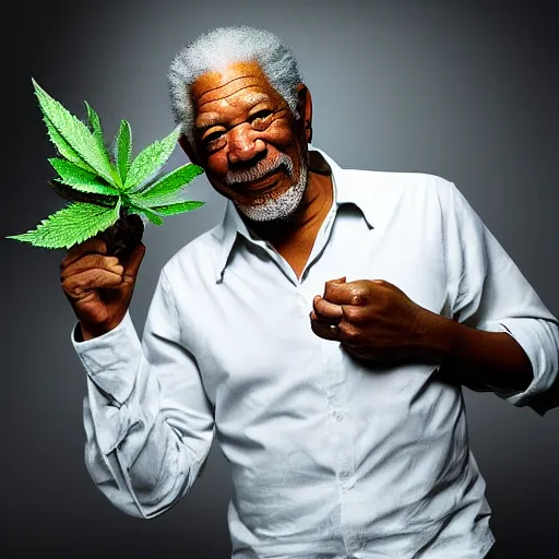 Prompt: Morgan freeman holding a giant marijuana plant, amazing digital art, highly detailed, trending on artstation