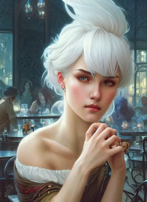 Image similar to a beautiful girl with white hair and bangs, sitting in a cafe, fantasy, intricate, elegant, highly detailed, digital painting, artstation, concept art, matte, sharp focus, illustration, art by Artgerm and Greg Rutkowski and Alphonse Mucha