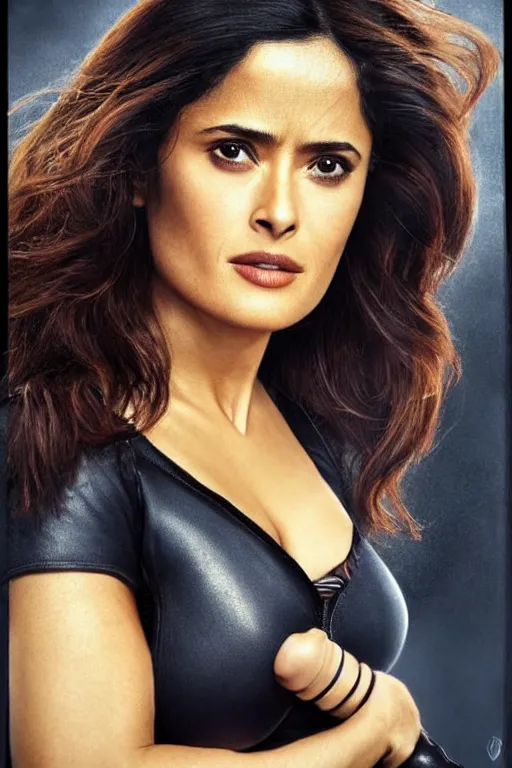 Prompt: salma hayek as black widow in the avengers, portrait realistic photograph, very detailed face