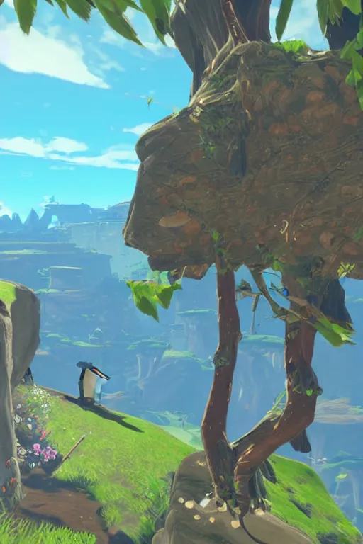 Image similar to in game footage of a penguin from the legend of zelda breath of the wild climbing q tree, breath of the wild art style.