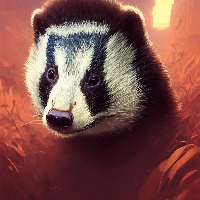 Image similar to highly detailed portrait of a cute badger, unreal engine, fantasy art by greg rutkowski, loish, rhads, ferdinand knab, makoto shinkai and lois van baarle, ilya kuvshinov, rossdraws, tom bagshaw, alphonse mucha, global illumination, radiant light, detailed and intricate environment