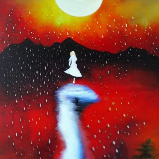 Image similar to rain, moon, knight and princess, oil painting, red and black, bloom, detailed, coherent like dalle 2
