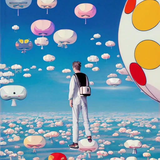 Image similar to a man walking on clouds away from the camera above kyoto by takashi murakami, beeple and james jean, aya takano color style, 4 k, super detailed, modern, 4 k, symmetrical