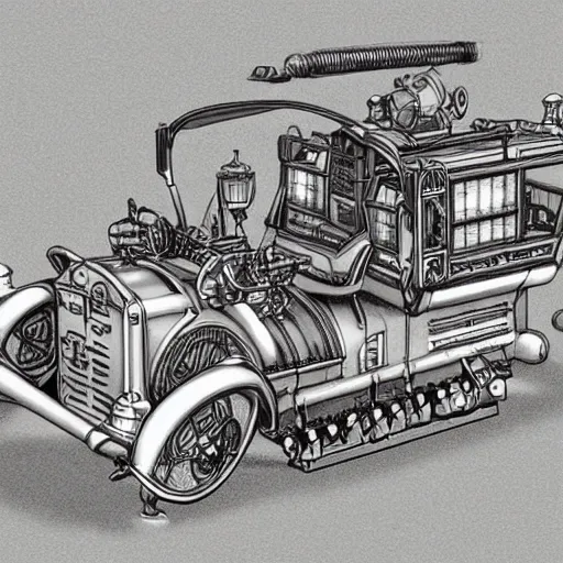 Prompt: detailed schematics of steampunk version of micheline colonial # zm 5 1 4 vehicle, steampunk, detailed,