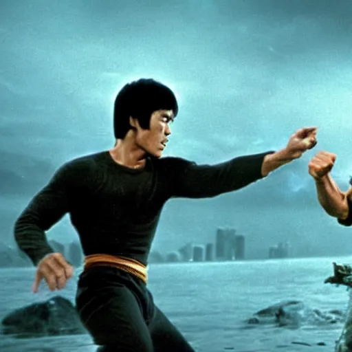 Image similar to insanely strong Bruce Lee fighting against godzilla, movie still, insanely detailed, 4k