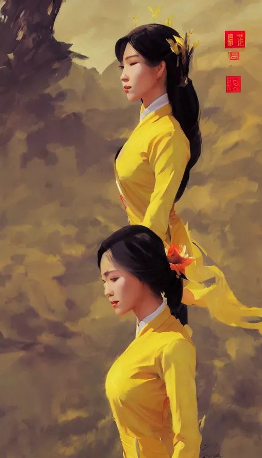 Image similar to greg manchess 6 panel comic of ao dai asian female, fighting asian male, asymmetrical, profile picture, organic painting, sunny day, matte painting, bold shapes, hard edges, street art, trending on artstation, by huang guangjian and ail elvgren and sachin teng