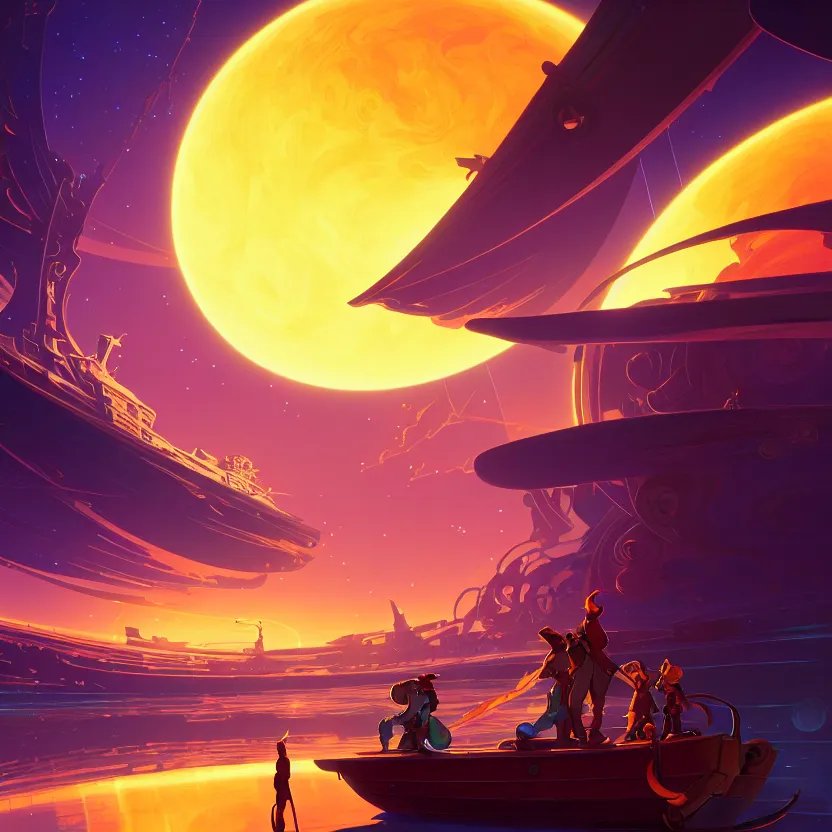 Image similar to treasure planet, beautiful lighting, vivid colors, intricate, elegant, smooth, sharp focus, highly detailed digital painting, concept art, cinematic, unreal engine, 4 k wallpaper, art by syd mead, terada katsuya, atey ghailan, svetlin velinov, tarmo juhola, cgsociety, artstation trending, deviantart featured