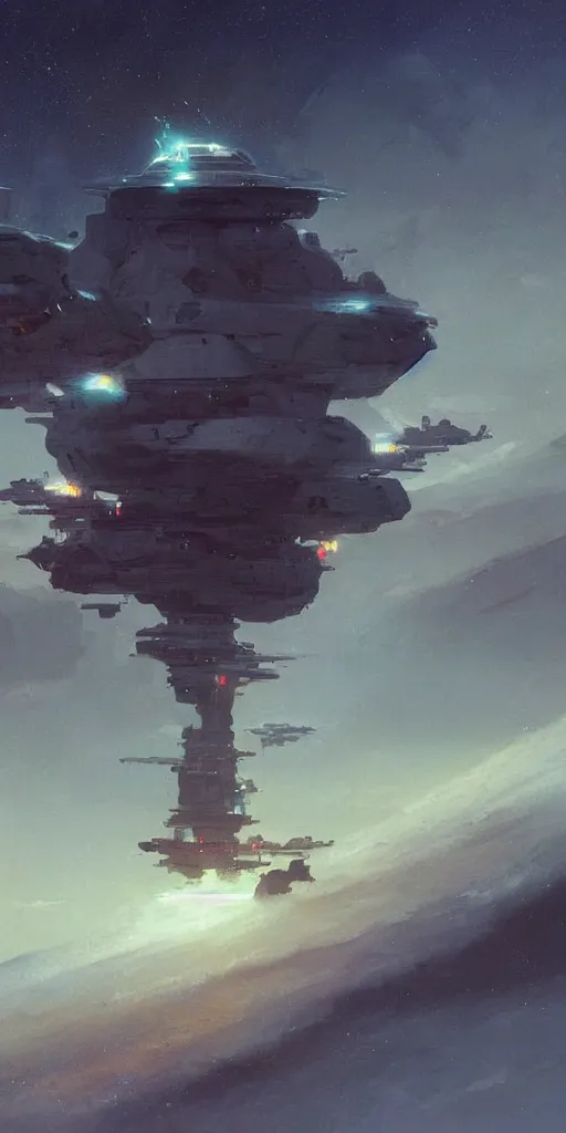 Prompt: large starship frigate dragging long cables and antennas over a cloud covered landscape, sci - fi concept art, by john harris, by john berkey, by simon stalenhag, stunning, award winning