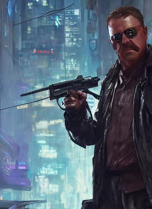 Prompt: Modern Teddy Roosevelt. Cyberpunk hitman in tactical gear. plastic raincoat. blade runner 2049 concept painting. Epic painting by James Gurney, Azamat Khairov, and Alphonso Mucha. ArtstationHQ. painting with Vivid color. (rb6s, Cyberpunk 2077)