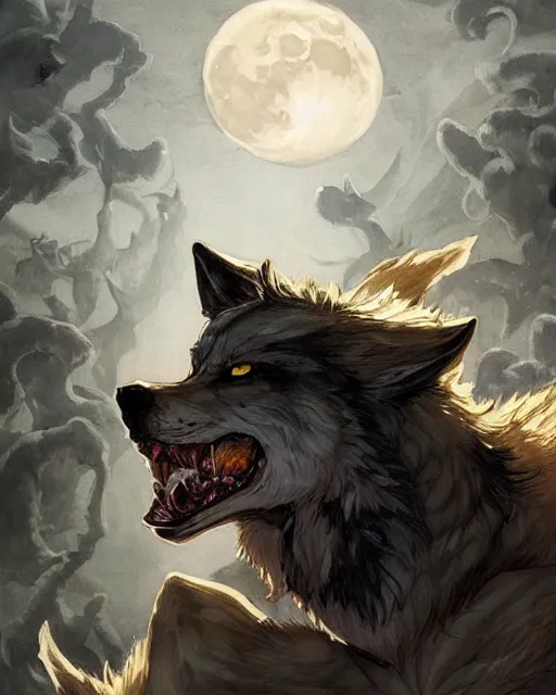 Image similar to '' Illustration a wolf (Fenrir) breaking its chains, (night), (moon in the background), league of legends, Fenrir, LOL, fantasy, d&d, digital painting, artstation, concept art, sharp focus, illustration, art by greg rutkowski and alphonse mucha ''