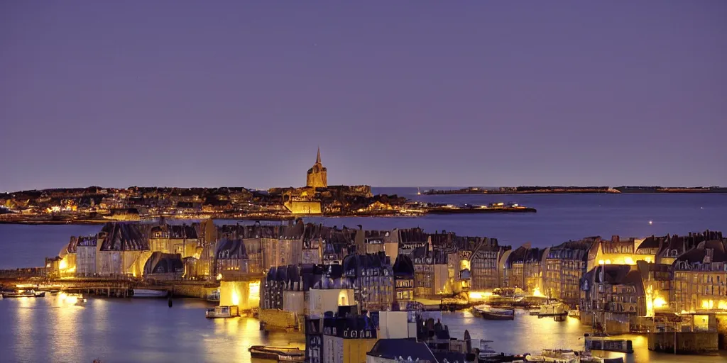 Prompt: view of roof of saint - malo towards the sea at night