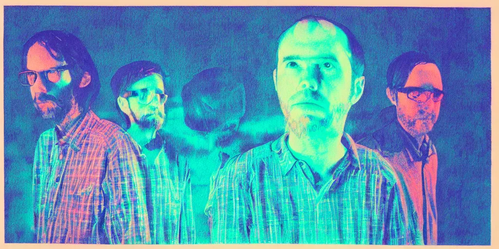 Prompt: risograph grainy painting of boards of canada, tomorrow harvest, i see drones, by moebius and dirk dzimirsky and satisho kon, blue hour, close - up wide portrait