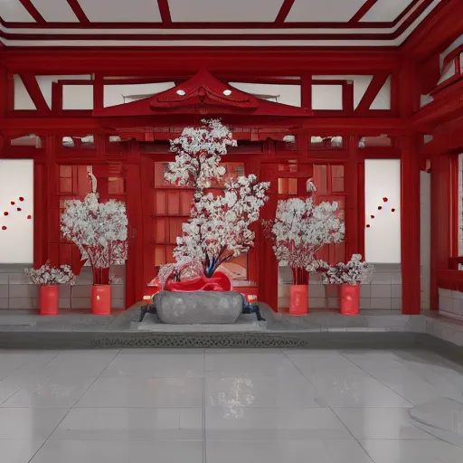 Image similar to shintoist temple interior, detailed, jewelry, sakura,photograph, award wining, red and white, trending on artstation, 4k, unreal engine 5, octane render, neon highlights
