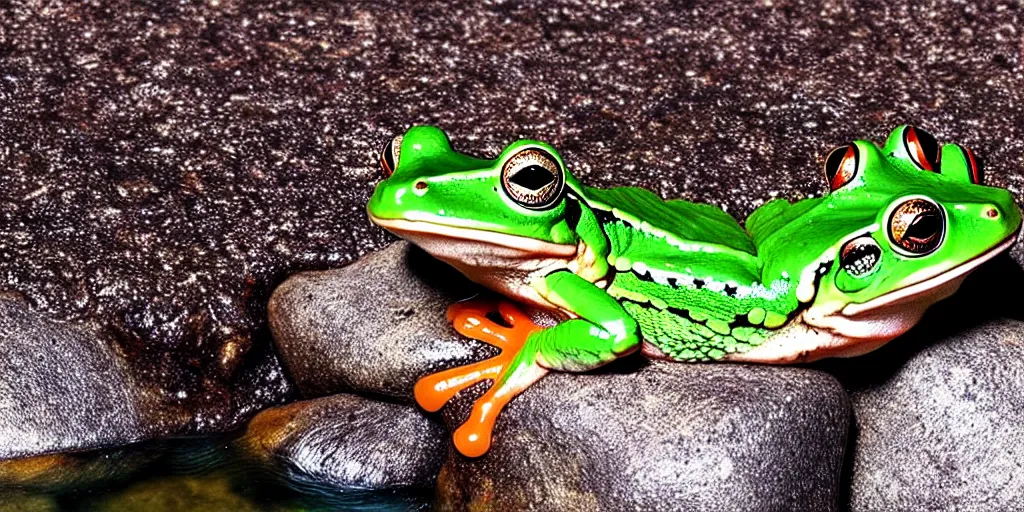 Prompt: A frog sitting on a glistening creek rock, flowing clear water creek bed, photorealistic