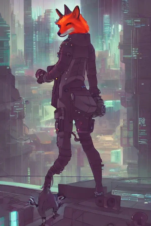 Prompt: a cyberpunk anthropomorphic fox with a fluffy tail staring over a futuristic city from the top of a roof, comic art, trending on furaffinity, cyberpunk, backlighting, cartoon, by kawacy, anime!!!