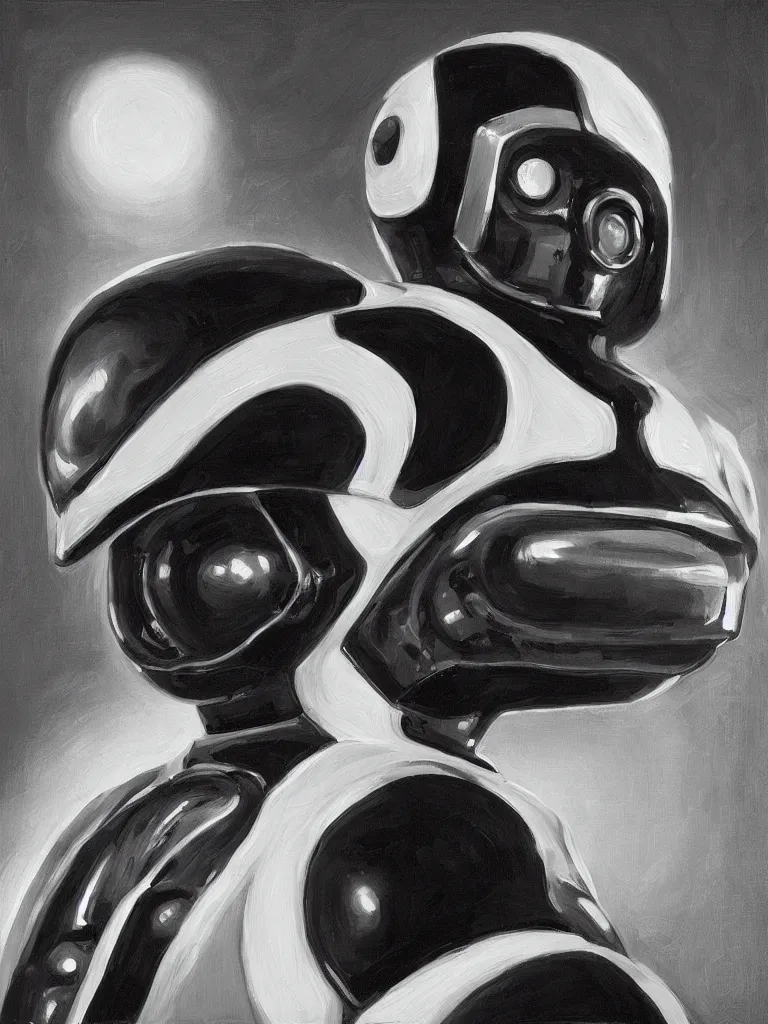 Image similar to “A perfectly centered beautiful black and white portrait oil painting of a retro-futuristic robot in Los Angeles”