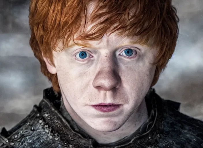 Prompt: ron weasley as thehnellor in game of thrones, rupert grint as thehnellor in game of thrones, handsome portrait of the actor, live action film, cinematic photo, clear hd image