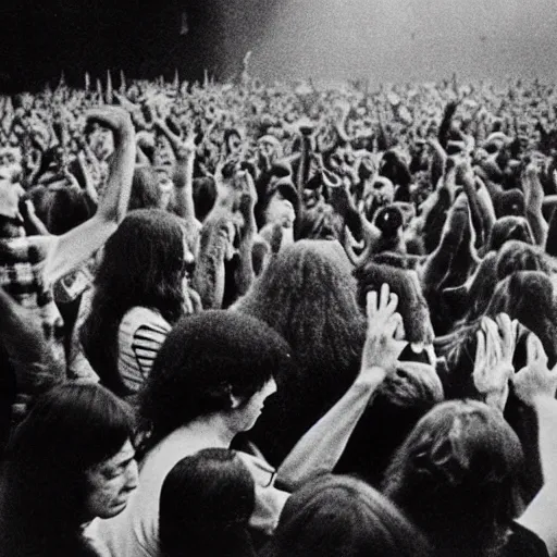 Prompt: people running in fear, crowd running in fear at concert hall, concert hall circa 1 9 6 9, 1 9 6 9 photograph, death metal band blast beat, death metal band playing to hippies, woodstock 1 9 6 9, death metal, crowd running away, scared hippies, 8 mm photo