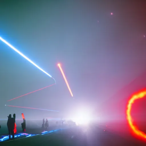Image similar to giant group smoke bodies, lasers, darkness, from behind, wide angle, elaborate, smoke, red dot, orange line, blue mist, highly detailed, beautiful lighting