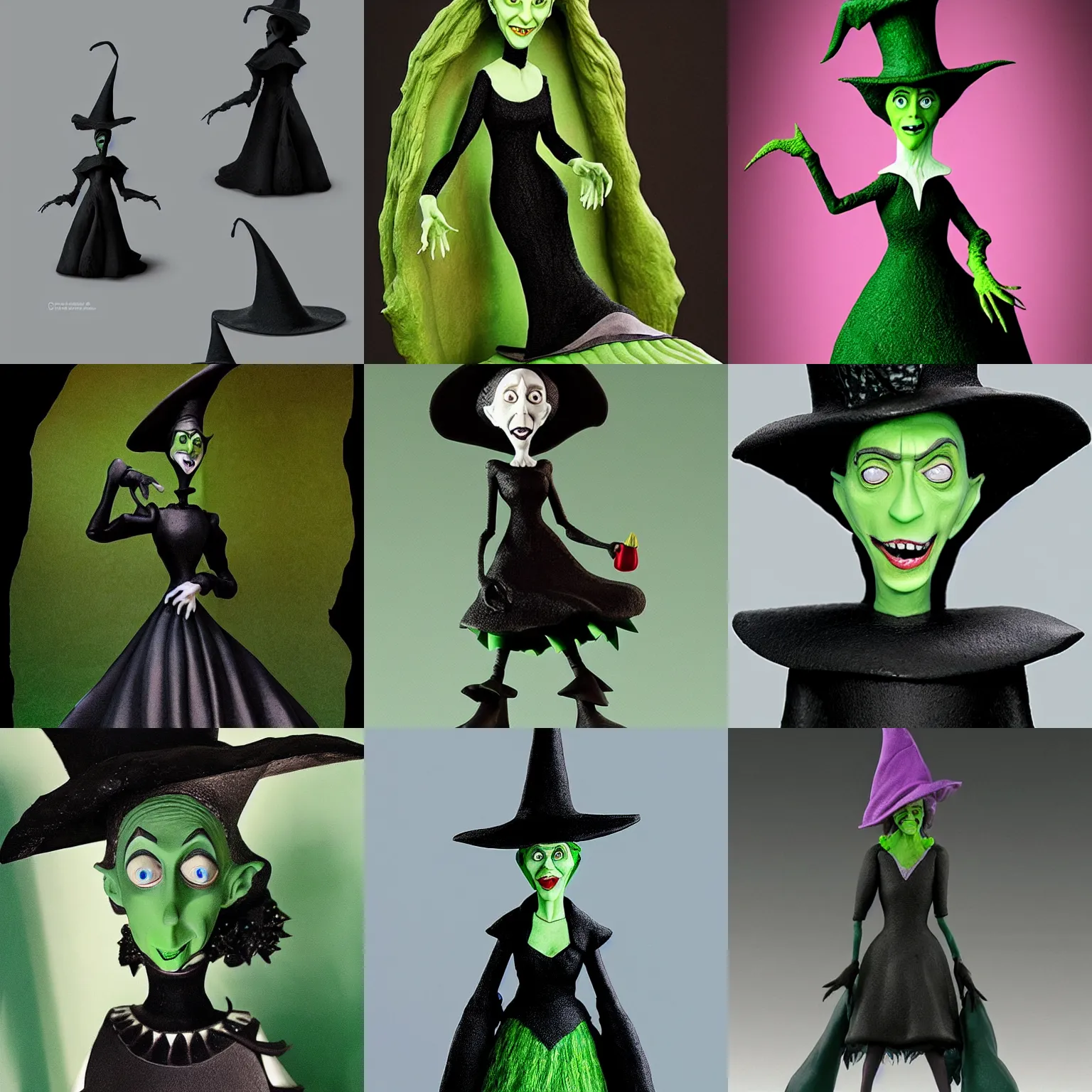 Prompt: A Tim Burton style claymation figurine of Wicked Witch from the movie “the Wizard of Oz“, Green skin, black dress, black pointed hat, concept art, stone castle interior