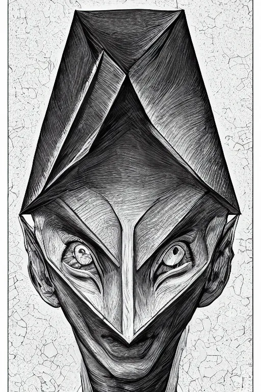 Prompt: portrait of triangle shaped elf head with single centered giant diamond eye, in the style of Greg Broadmore and Arthur Rackham,trending on artstation, light lighting side view,digital art,surrealism ,macro,blueprint ,vaporwave ,