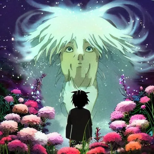 Image similar to spirit creature in the flowers at night made by studio ghibli, beautiful scene, detailed, high quality