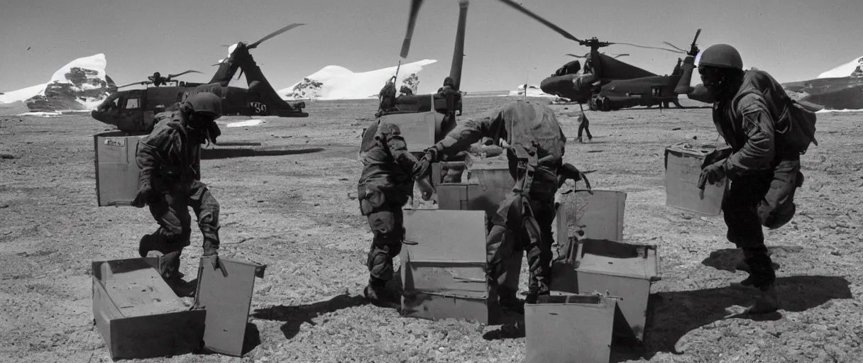 Image similar to establishing wide shot color movie like 3 5 mm photograph of a us soldier unloading metal crate from a black military 1 9 8 2 helicopter in antarctica