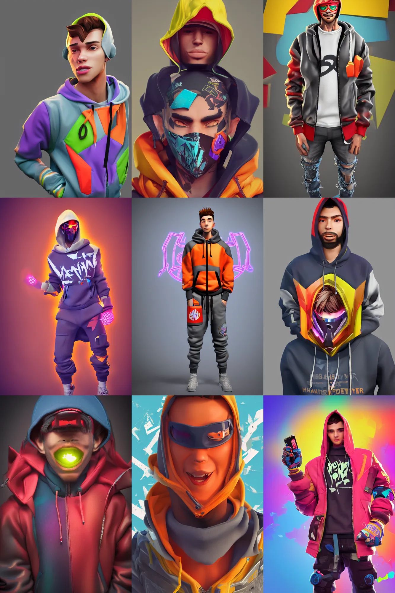 Prompt: a full body sharp focus realistic portrait digital octane 3d render of a single young man dressed in 90s street clothing and a bright hoodie with face and body clearly visible, fornite, overwatch, valorant, high quality, happy mood, artstation trending, vibrant colours, no crop, no helmet, entire character, blank background, face visible, SFW,