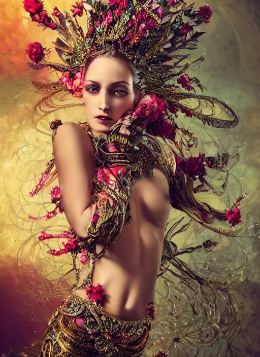 Prompt: expressive full body photo of a female model, ornate headpiece made from flowers, ornaments, glamour shot, by karol bak, by stefan gesell, photorealistic, canon r 3, fashion photography, hyper maximalist, elegant, ornate, luxury, elite, environmental portrait, symmetrical features, octane render, unreal engine