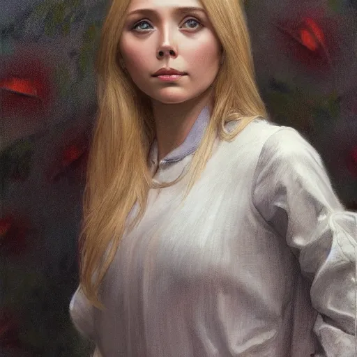 Image similar to Young blonde elizabeth olsen, highly detailed, digital painting, artstation, concept art, smooth, sharp focus, illustration, ArtStation, art by artgerm and greg rutkowski and alphonse mucha and J. C. Leyendecker and Edmund Blair Leighton and Katsuhiro Otomo and Geof Darrow and Phil hale and Ashley wood and Ilya repin and Charlie Bowater