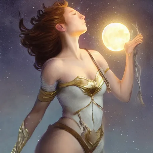 Prompt: [ artemis holding the moon in her hands ]!!, closeup!!, macro!!, filling it with magical energy, digital art, tarot card, portrait!!, trending on polycount, cgsociety contest winner, digital art, 4 k, sharp, detailed, intricate, illustrated by artgerm, greg rutkowski, gaston bussiere