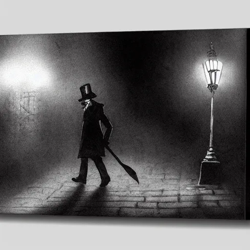 Prompt: London at night, deep fog, jack the ripper walks looking for his next victim, by Michelangelo