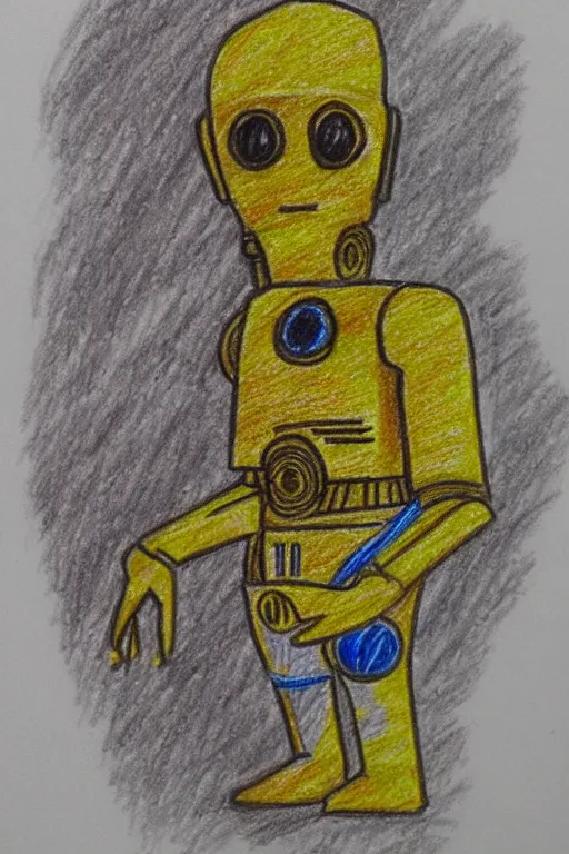 Prompt: very simple drawing of c 3 po as made by a child, crayon