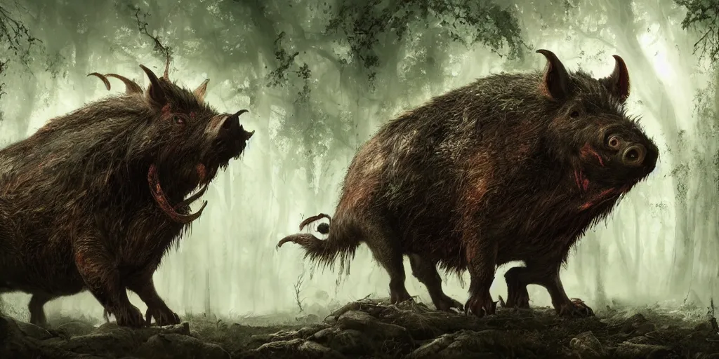 Image similar to giant monstrous wild boar with red eyes and many tusks, in dark woods, dim colors, forest, highly detailed illustration, masterpiece, fantasy, magical, hyperdetailed, realistic, witch fairytale, 4 k, 8 k, highly detailed matte painting, dungeons and dragons