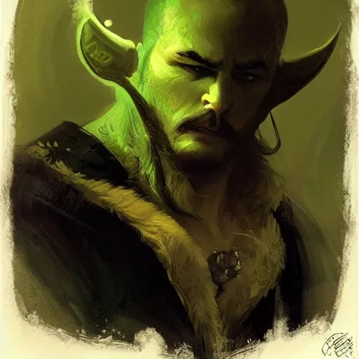 Prompt: well - groomed green - skinned bard, goatee, bald, thoughtful expression, gong, fantasy character portrait by greg rutkowski, gaston bussiere, craig mullins