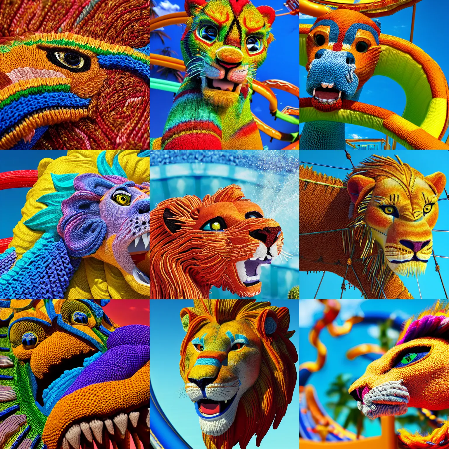 Prompt: a closeup photorealistic photograph of a colorful knitted barracuda lion ascending down a water slide. intricate stitching. professional capture. bright scene. this 4 k hd image is trending on artstation, featured on behance, well - rendered, extra crisp, features intricate detail, epic composition and the style of unreal engine.