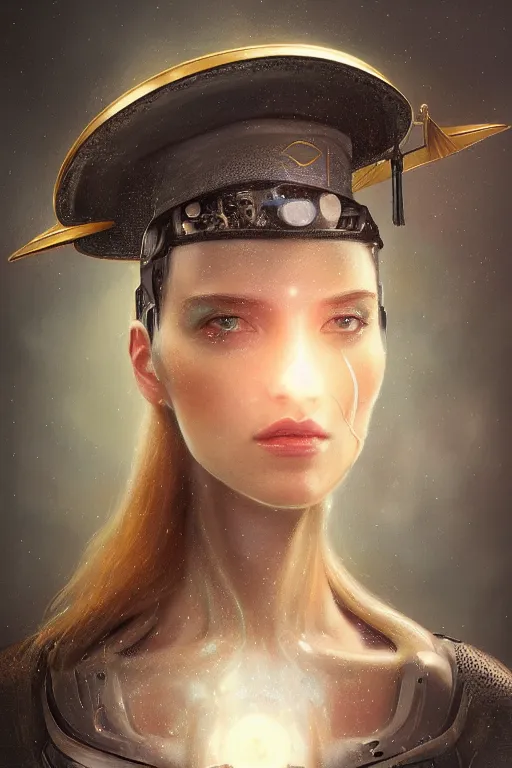 Image similar to a beautiful ultra detailed fine art portrait of a futuristic cyborg wearing a graduation hat, by tom bagshaw and anna dittman, studio lighting, golden ratio composition, 3 5 mm lens, cybernetic scifi, deep depth of field, artstation, 8 k