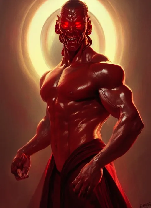 Prompt: portrait of a evil man, glowing red eyes!! muscular, leather robes! intricate, elegant, highly detailed, digital painting, artstation, concept art, smooth, sharp focus, illustration, art by artgerm and greg rutkowski and alphonse mucha