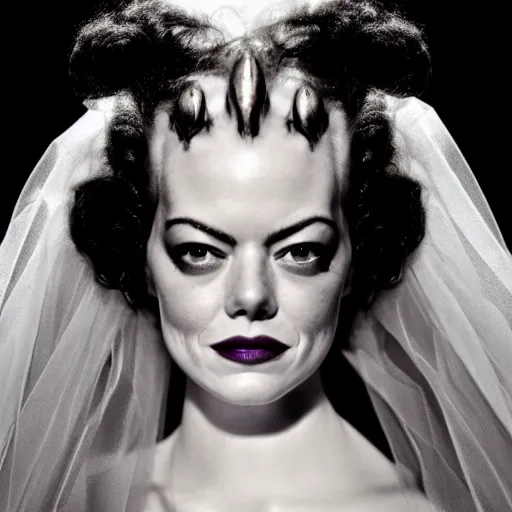 Prompt: emma stone as the bride of frankenstein, universal, movie, photography, portrait, beautiful,