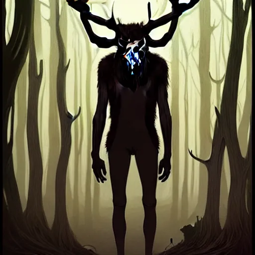 Image similar to rafeal albuquerque comic art, joshua middleton, artgerm : : wendigo monster with deer skull face, antlers, furry body, tall and lanky : : walking through the forest : : night time : : spooky, scary, fog