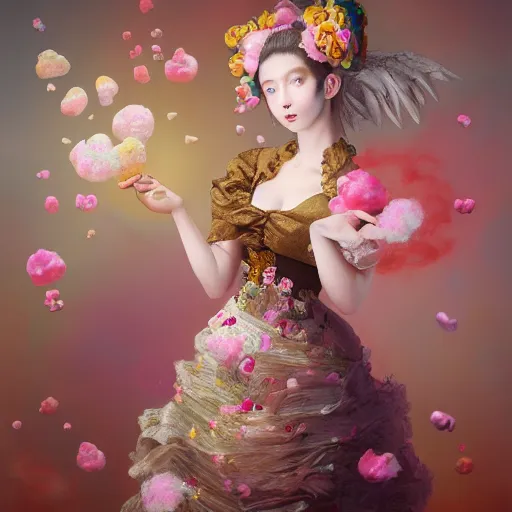 Image similar to 8 k, octane render, realism, tonalism, renaissance, rococo, baroque, portrait of a young - lady wearing long - harajuku manga - dress with flowers and skulls, cotton candy!! ( background chaotic gold leaf flowers )