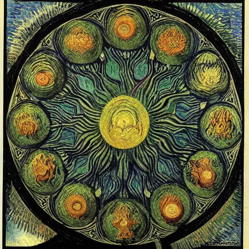 Prompt: divine chaos engine by vincent van gogh and ernst haeckel, symbolist, visionary