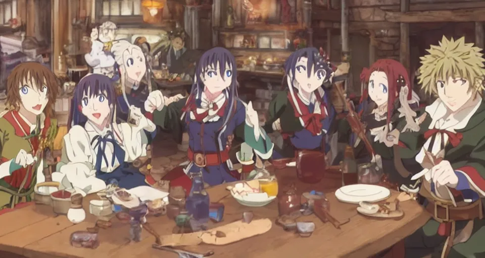 Image similar to Kyoto Animation anime still of a D&D party consisting of a human, an elf and a dwarf drinking in a tavern.