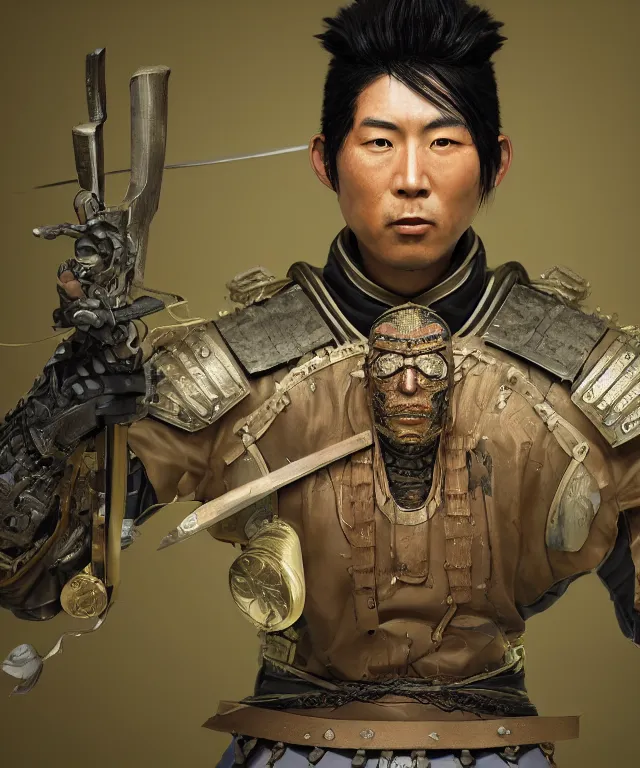 Image similar to an epic fantastic realism comic book style portrait painting of a japanese samurai, male with black hair and a green belt, apex legends, octane render, intricate detail, 4 k hd, unreal engine 5, ex machina, irobot