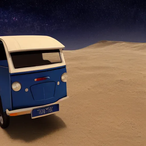 Prompt: a dark blue tuk tuk going across the moon surface, the milky way in the sky, hard science fiction, milky way, moon, matte painting, concept art, 4k