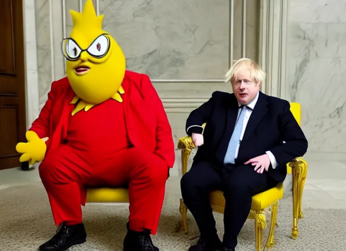 Image similar to Photo of Boris Johnson as Dr. Eggman from Sonic series, as Dr Ivo Eggman Robotnik form the Sonic The Hedgehog Games, sonic comics, wearing a red and yellow jumpsuit with black pants, sitting at the parlament meeting, giving an interview, highly detailed, 4k, HQ